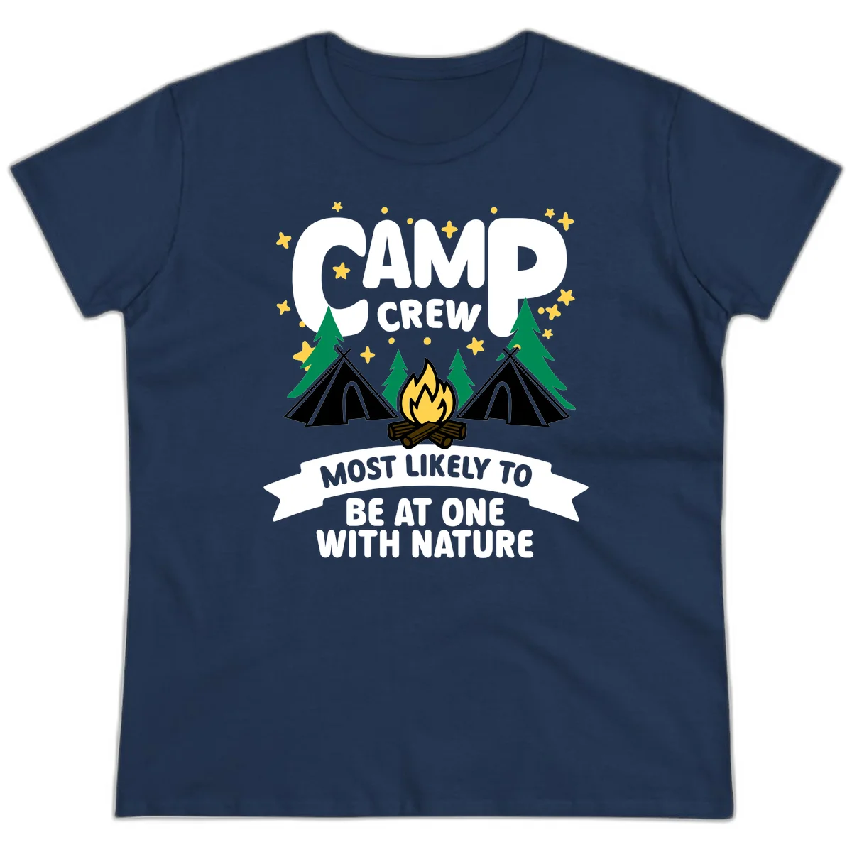 Camp crew superlative design with teepees, campfire, and forest scene with starry sky in Navy
