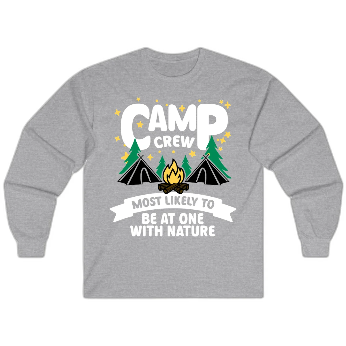 Camp crew superlative design with teepees, campfire, and forest scene with starry sky in Sport Grey