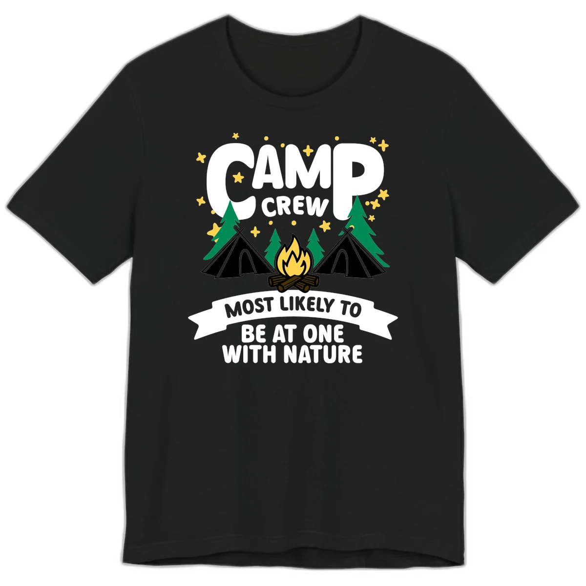 Camp crew superlative design with teepees, campfire, and forest scene with starry sky in Black