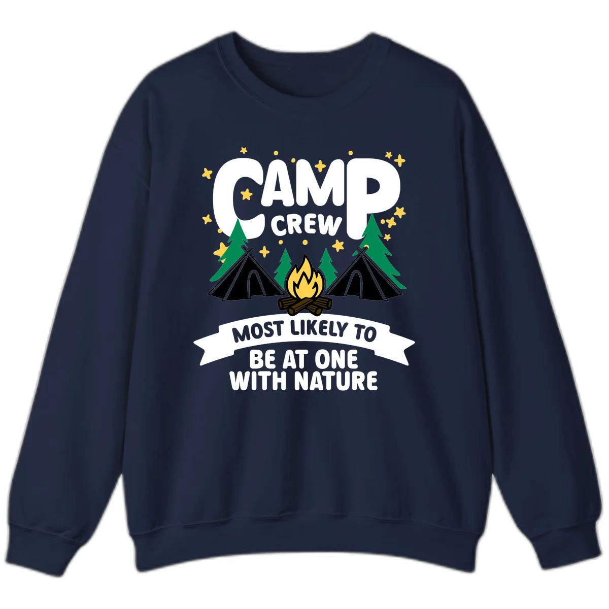 Camp crew superlative design with teepees, campfire, and forest scene with starry sky in Navy