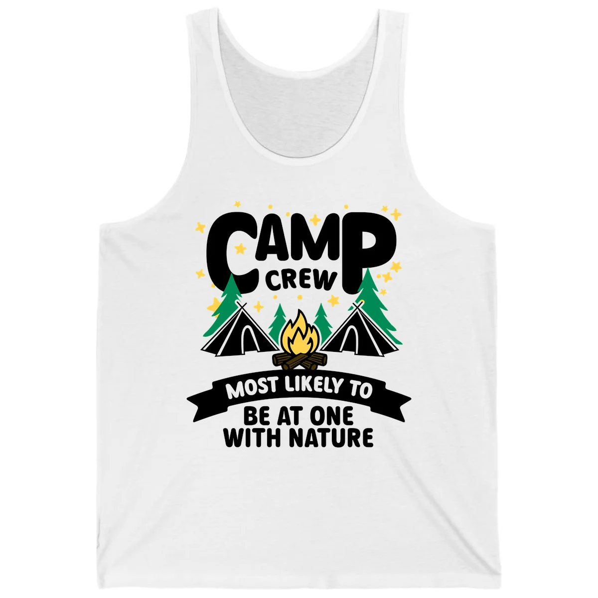 Camp crew superlative design with teepees, campfire, and forest scene with starry sky in White