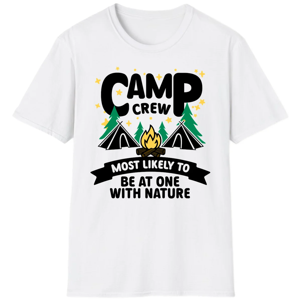 Camp crew superlative design with teepees, campfire, and forest scene with starry sky in White