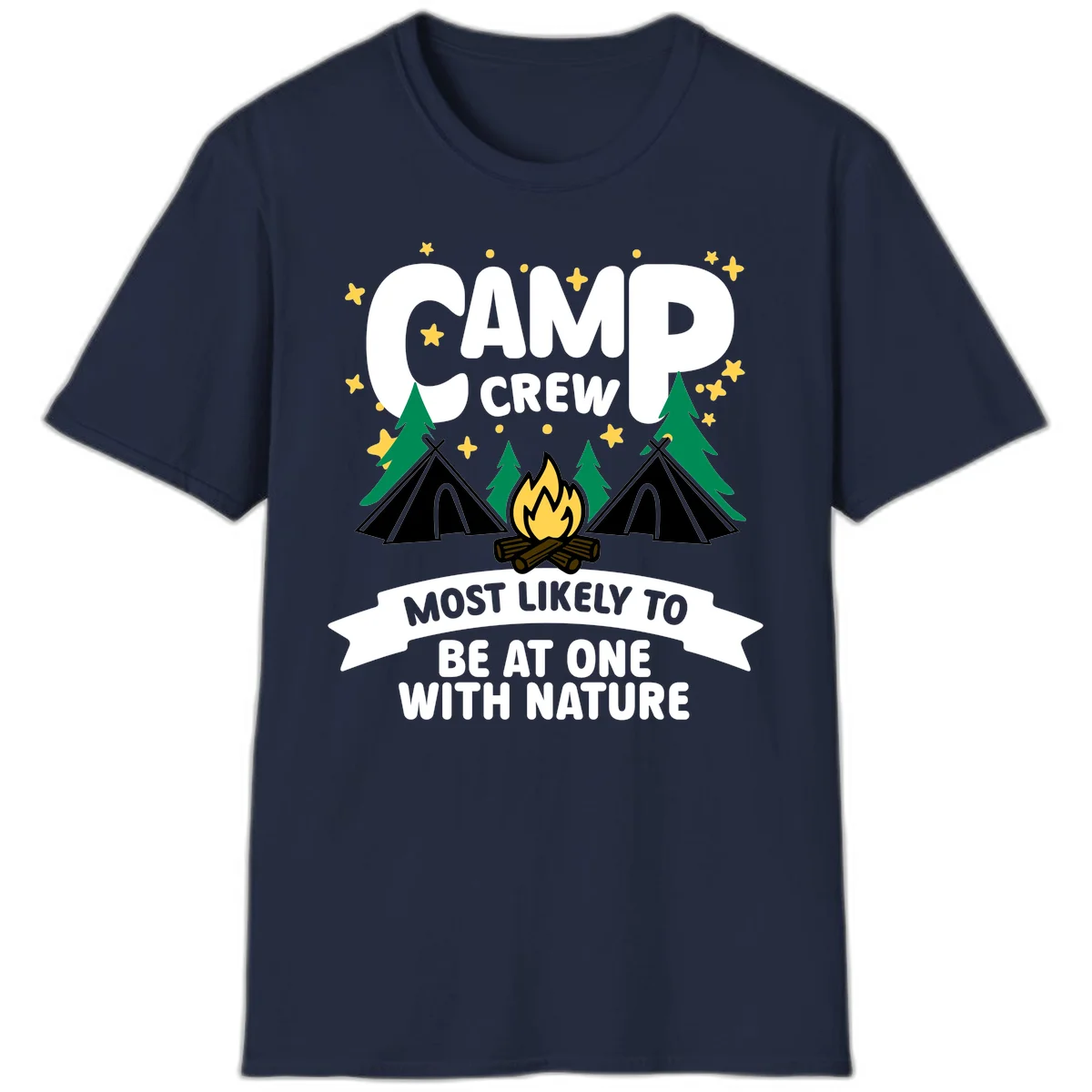 Camp crew superlative design with teepees, campfire, and forest scene with starry sky in Navy