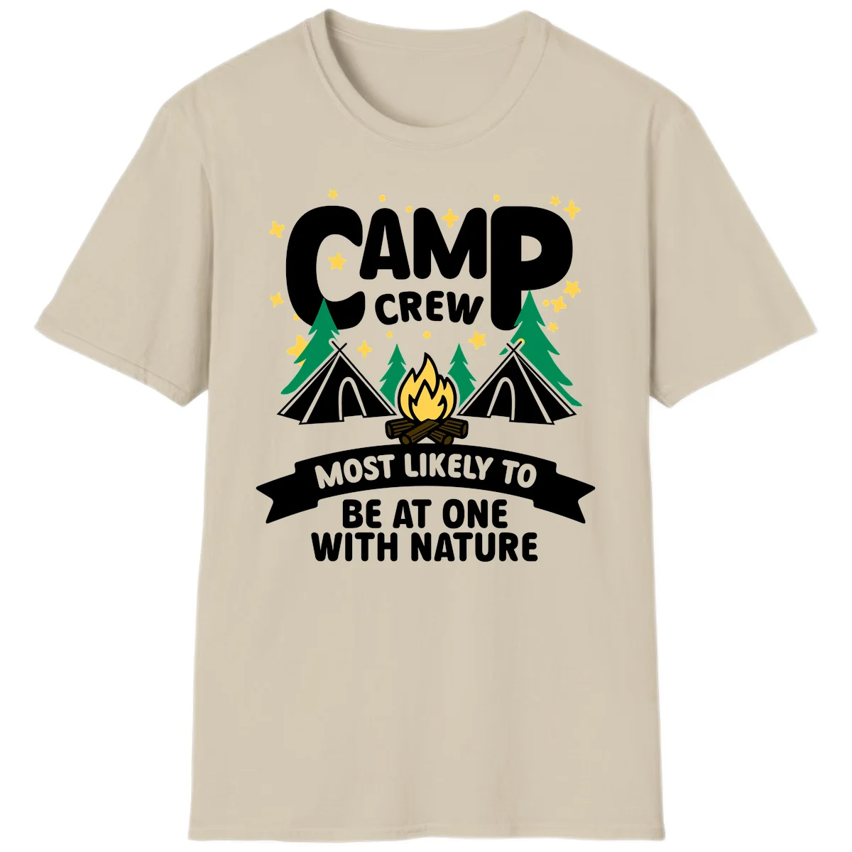 Camp crew superlative design with teepees, campfire, and forest scene with starry sky in Sand