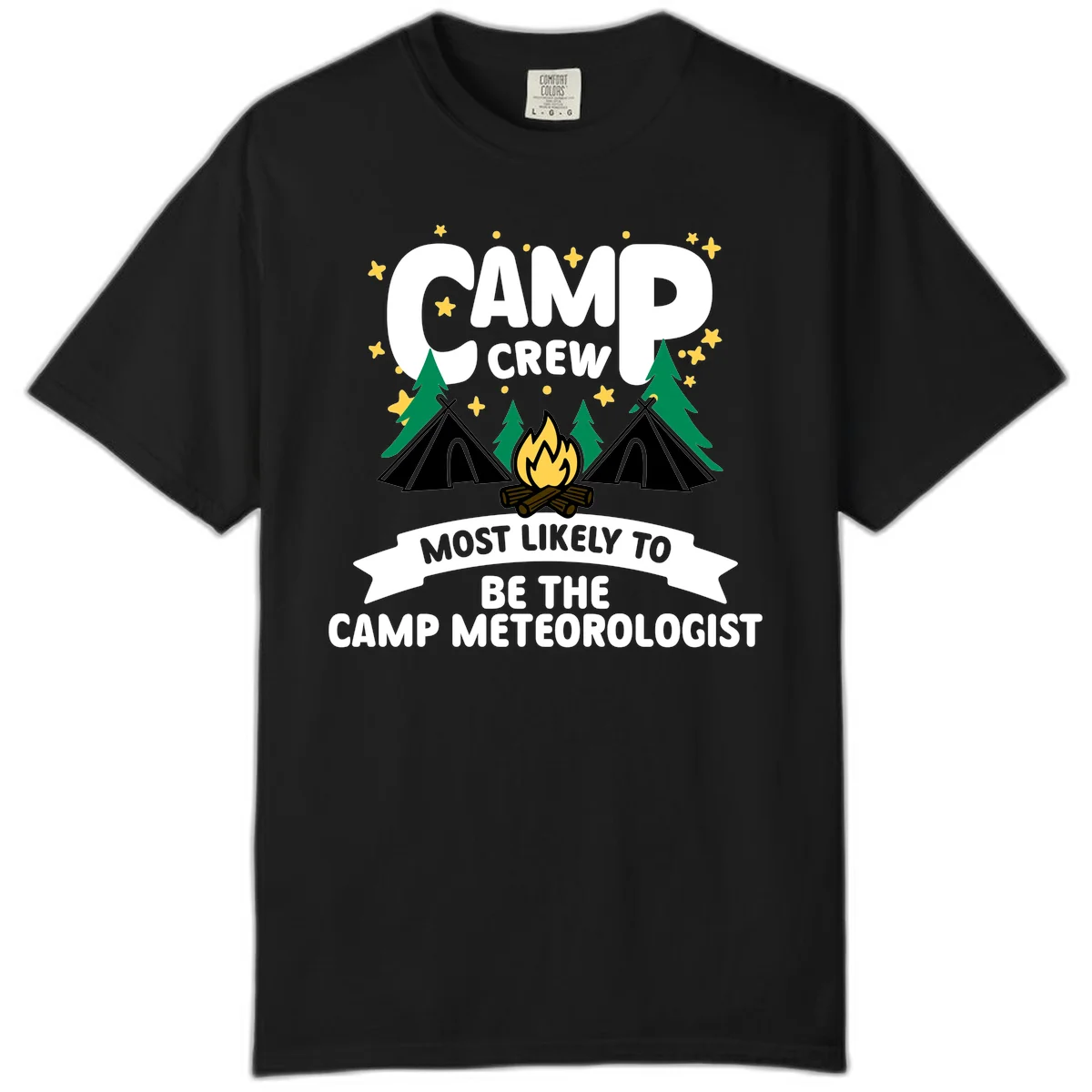 Camp crew superlatives design with campfire, tents, trees and stars, text reads 'Most Likely To Be The Camp Meteorologist' in Black