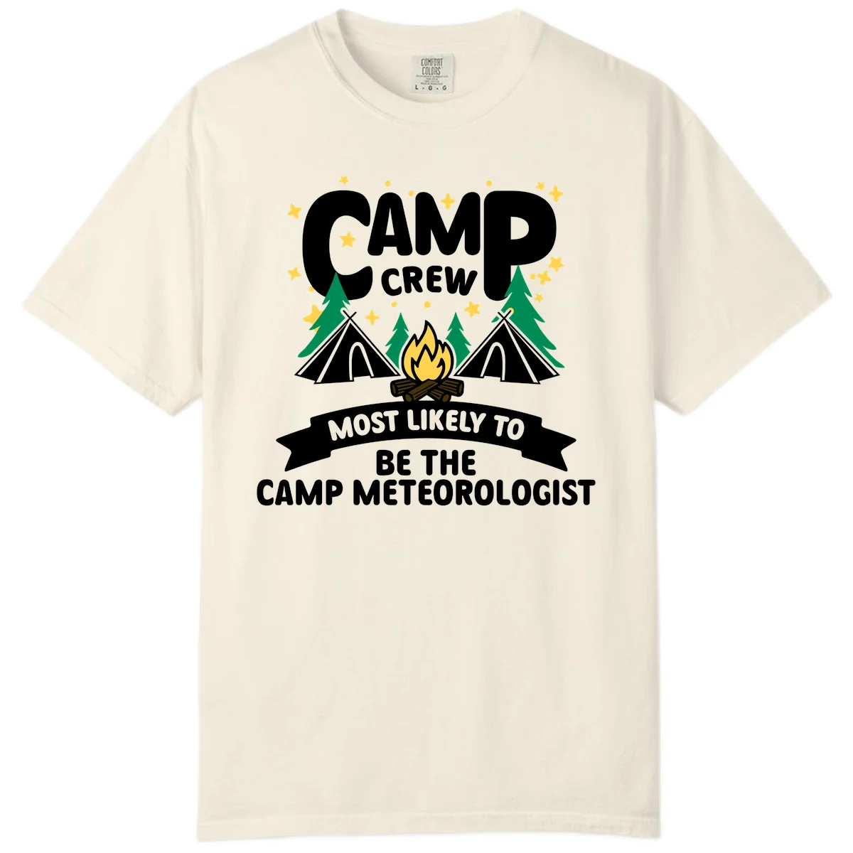 Camp crew superlatives design with campfire, tents, trees and stars, text reads 'Most Likely To Be The Camp Meteorologist' in Ivory