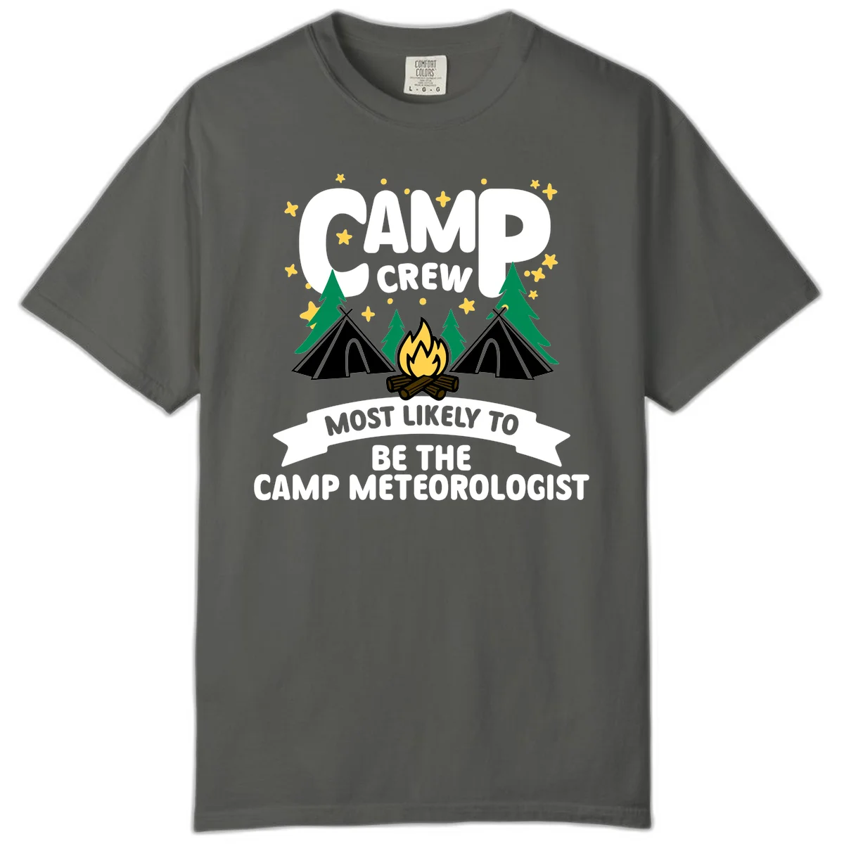 Camp crew superlatives design with campfire, tents, trees and stars, text reads 'Most Likely To Be The Camp Meteorologist' in Pepper
