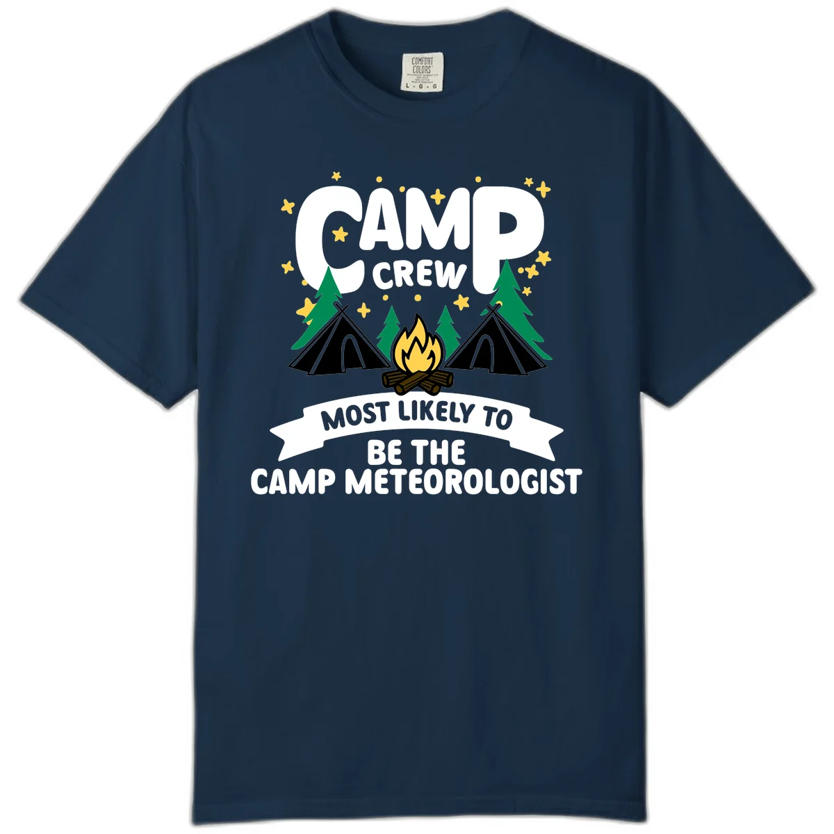 Camp crew superlatives design with campfire, tents, trees and stars, text reads 'Most Likely To Be The Camp Meteorologist' in True Navy