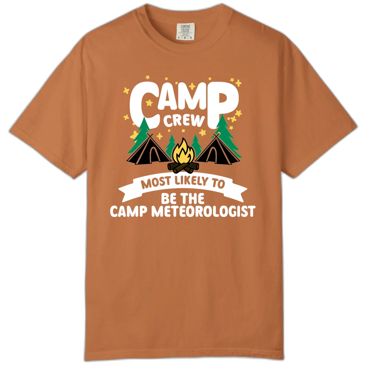 Camp crew superlatives design with campfire, tents, trees and stars, text reads 'Most Likely To Be The Camp Meteorologist' in Yam