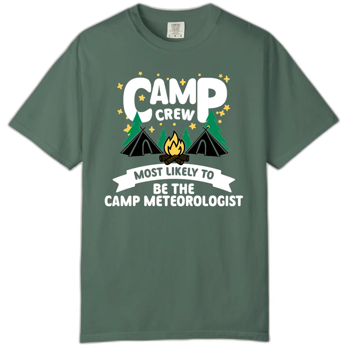Camp crew superlatives design with campfire, tents, trees and stars, text reads 'Most Likely To Be The Camp Meteorologist' in Blue Spruce