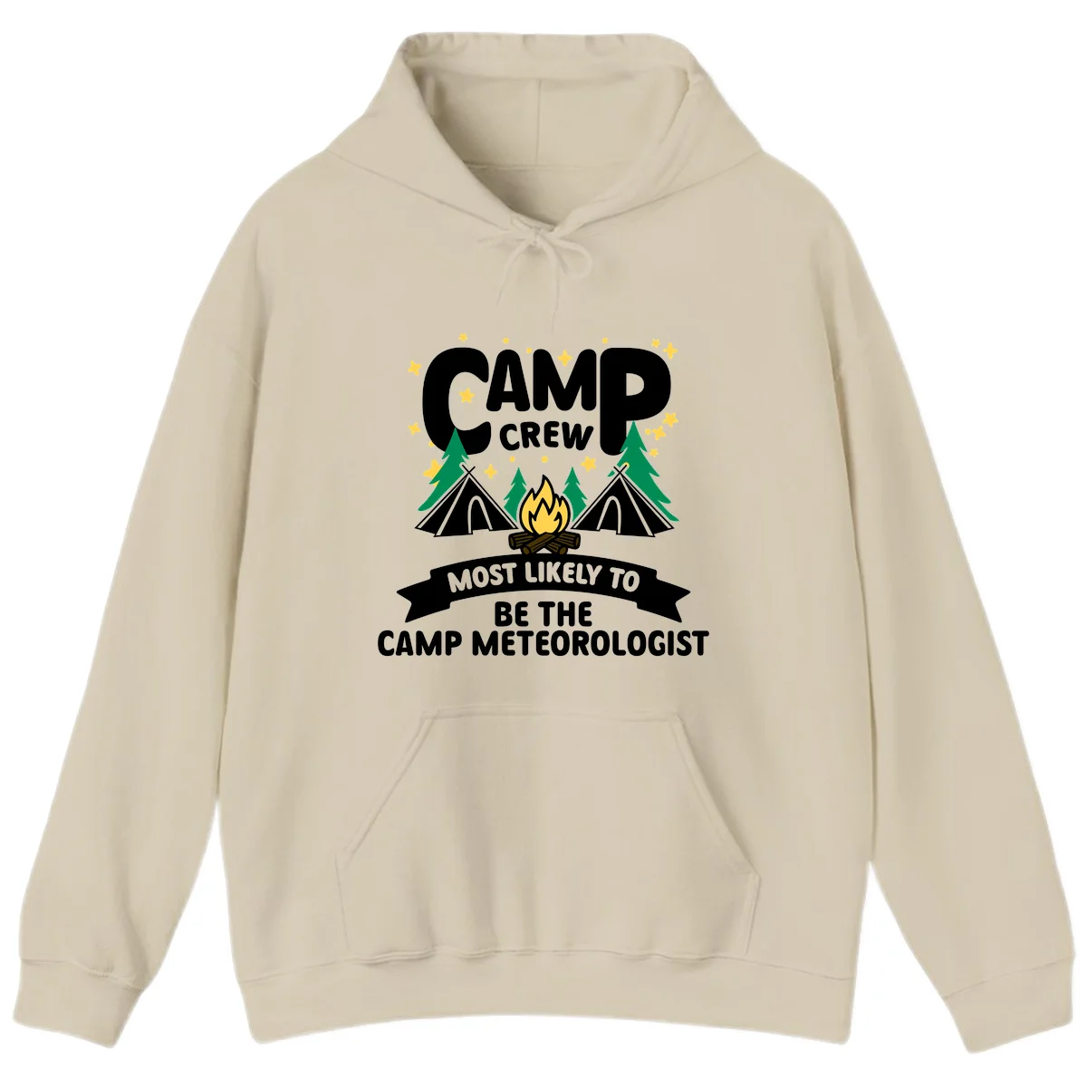 Camp crew superlatives design with campfire, tents, trees and stars, text reads 'Most Likely To Be The Camp Meteorologist' in Sand