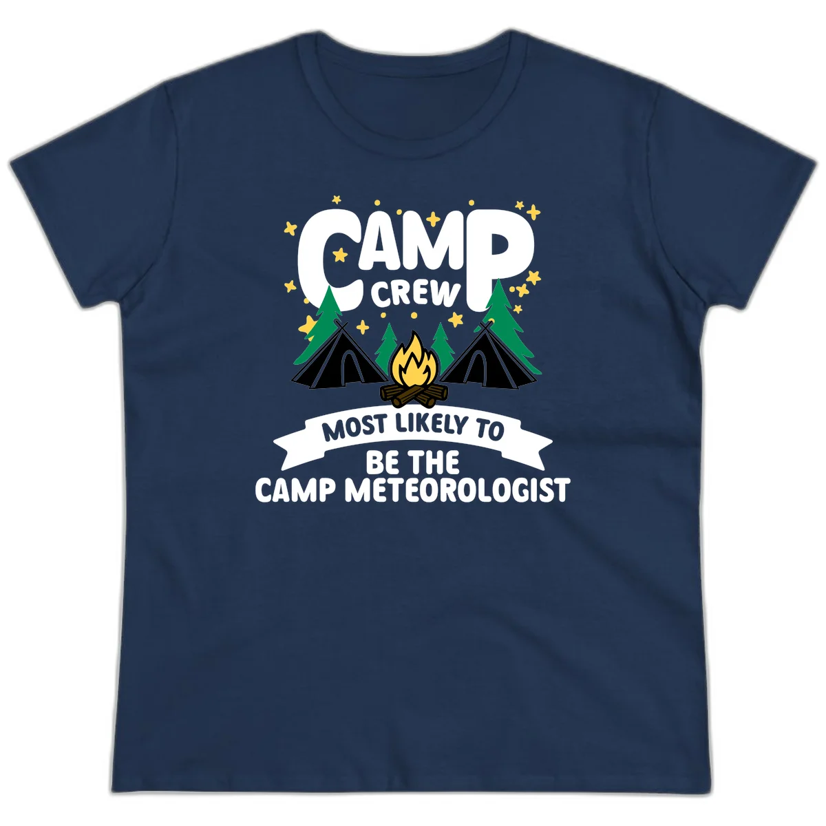 Camp crew superlatives design with campfire, tents, trees and stars, text reads 'Most Likely To Be The Camp Meteorologist' in Navy