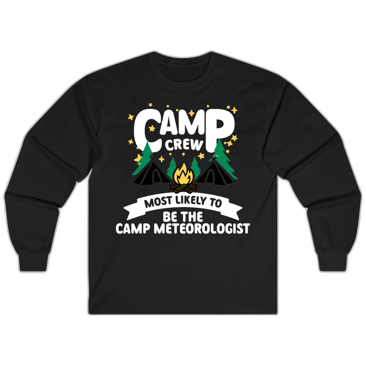 Camp crew superlatives design with campfire, tents, trees and stars, text reads 'Most Likely To Be The Camp Meteorologist' in Black