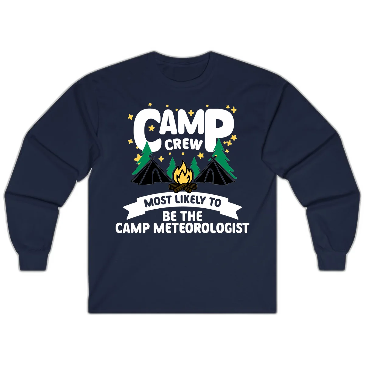 Camp crew superlatives design with campfire, tents, trees and stars, text reads 'Most Likely To Be The Camp Meteorologist' in Navy