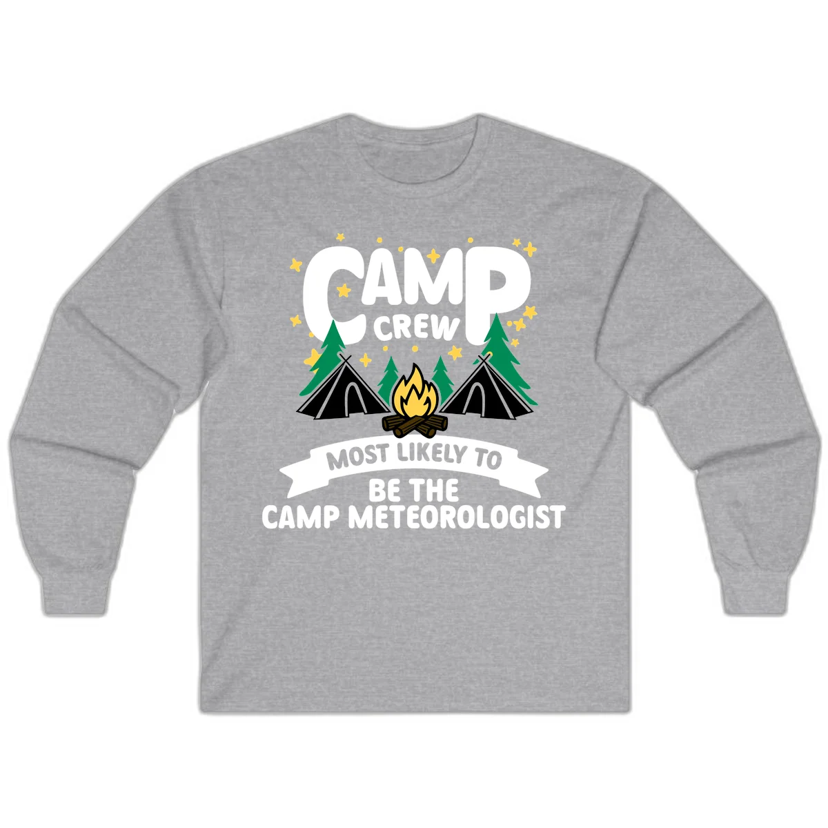 Camp crew superlatives design with campfire, tents, trees and stars, text reads 'Most Likely To Be The Camp Meteorologist' in Sport Grey