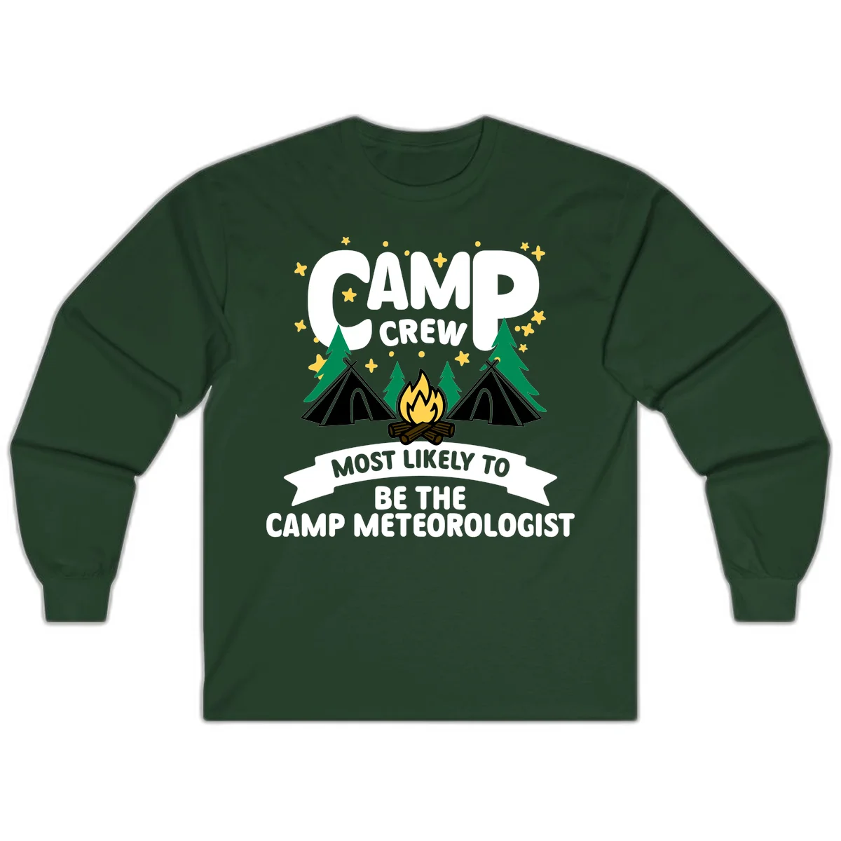 Camp crew superlatives design with campfire, tents, trees and stars, text reads 'Most Likely To Be The Camp Meteorologist' in Forest Green