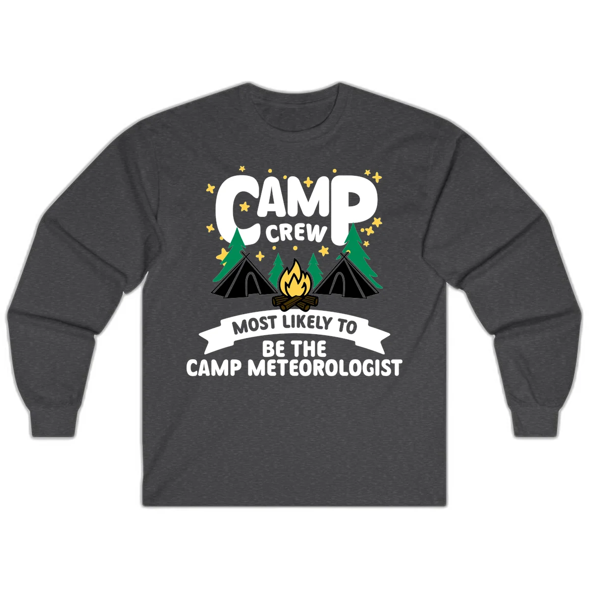 Camp crew superlatives design with campfire, tents, trees and stars, text reads 'Most Likely To Be The Camp Meteorologist' in Dark Heather