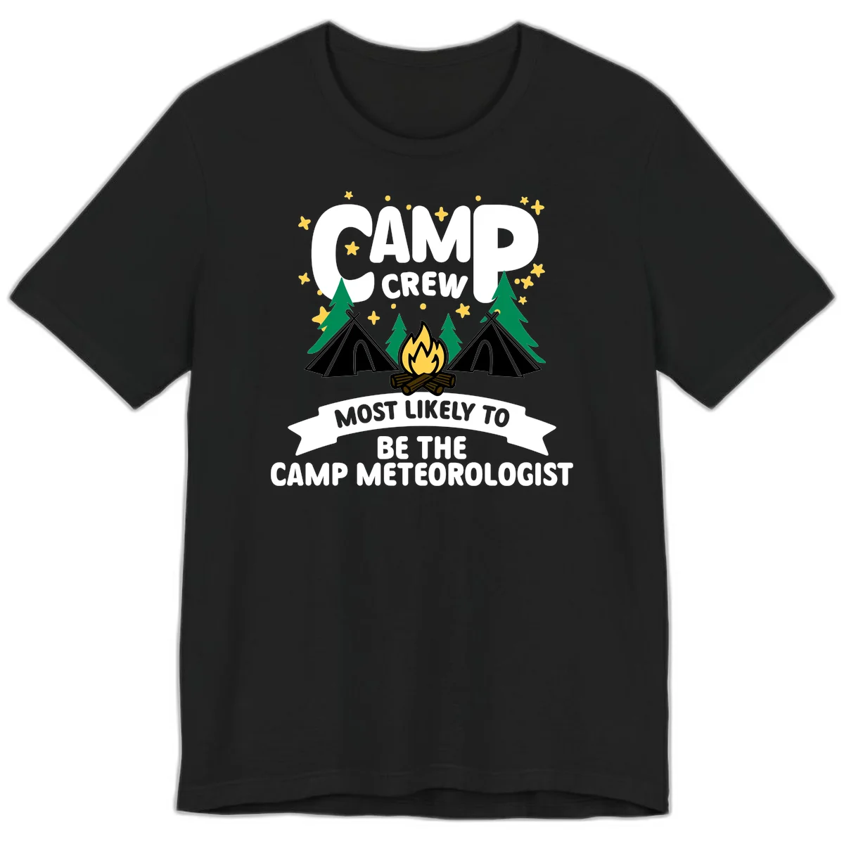 Camp crew superlatives design with campfire, tents, trees and stars, text reads 'Most Likely To Be The Camp Meteorologist' in Black