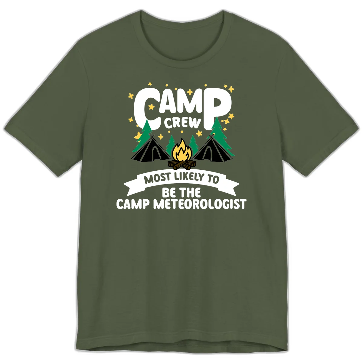 Camp crew superlatives design with campfire, tents, trees and stars, text reads 'Most Likely To Be The Camp Meteorologist' in Military Green