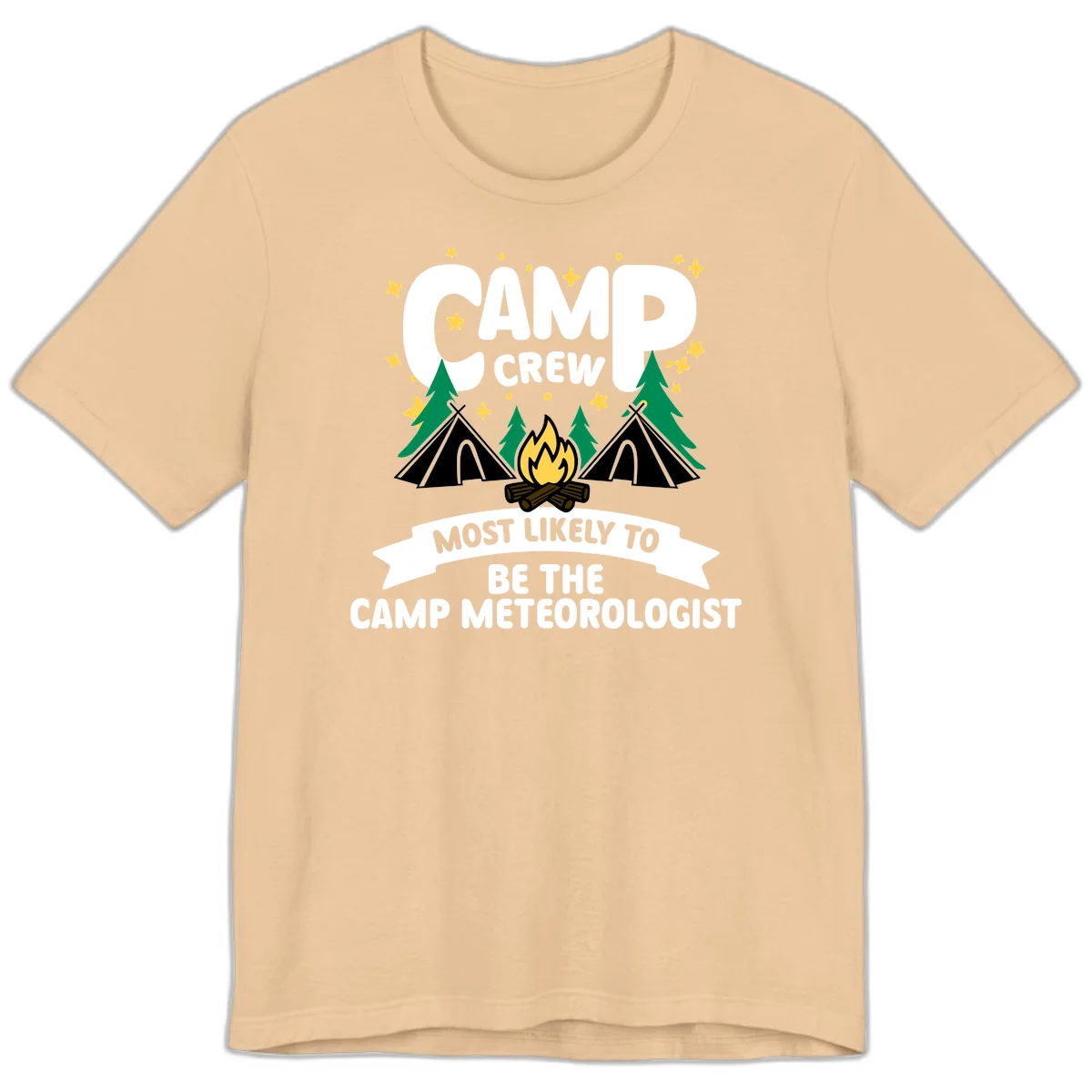 Camp crew superlatives design with campfire, tents, trees and stars, text reads 'Most Likely To Be The Camp Meteorologist' in Sand Dune