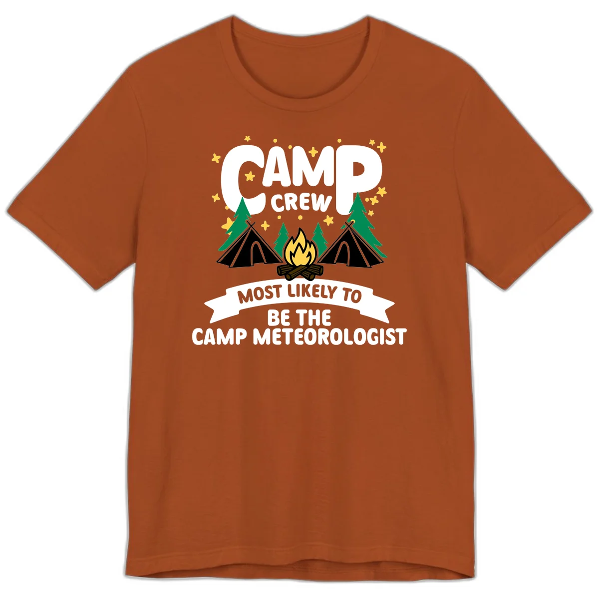 Camp crew superlatives design with campfire, tents, trees and stars, text reads 'Most Likely To Be The Camp Meteorologist' in Autumn