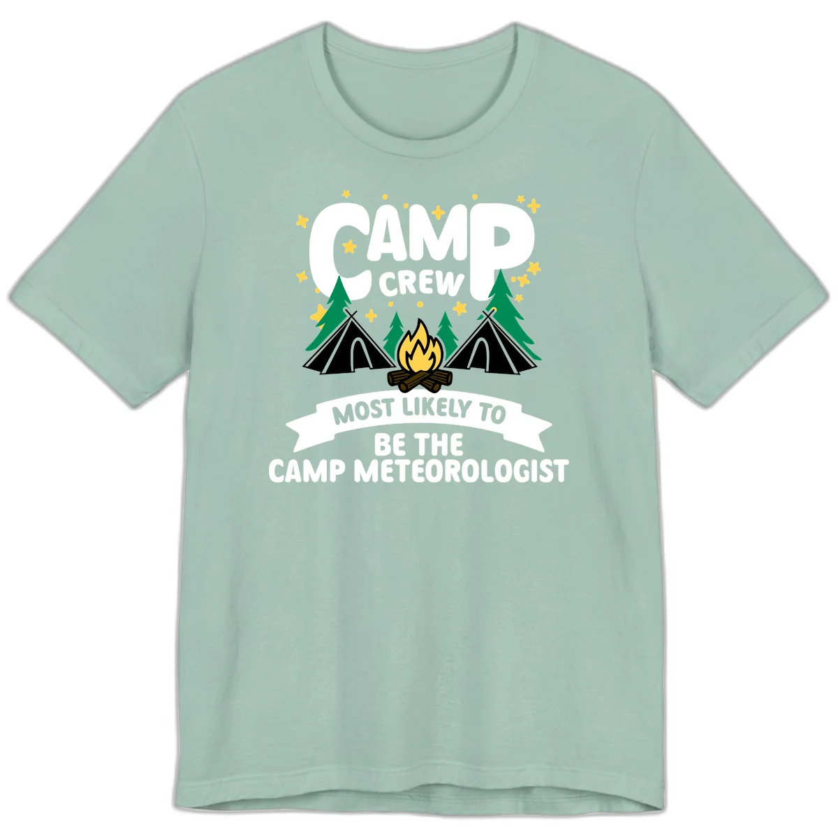 Camp crew superlatives design with campfire, tents, trees and stars, text reads 'Most Likely To Be The Camp Meteorologist' in Dusty Blue