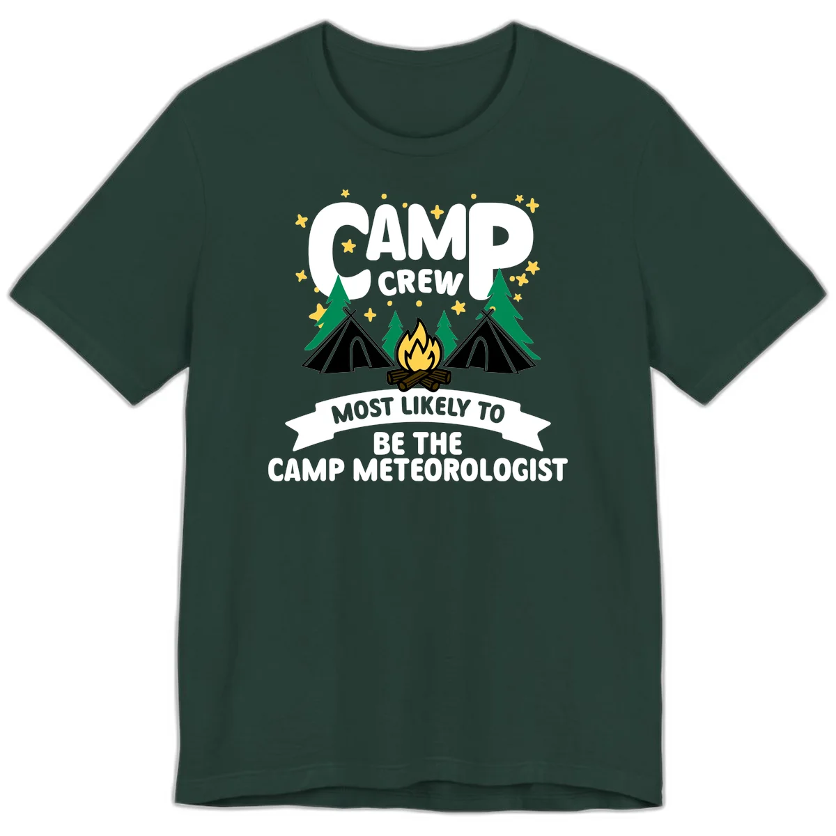 Camp crew superlatives design with campfire, tents, trees and stars, text reads 'Most Likely To Be The Camp Meteorologist' in Forest