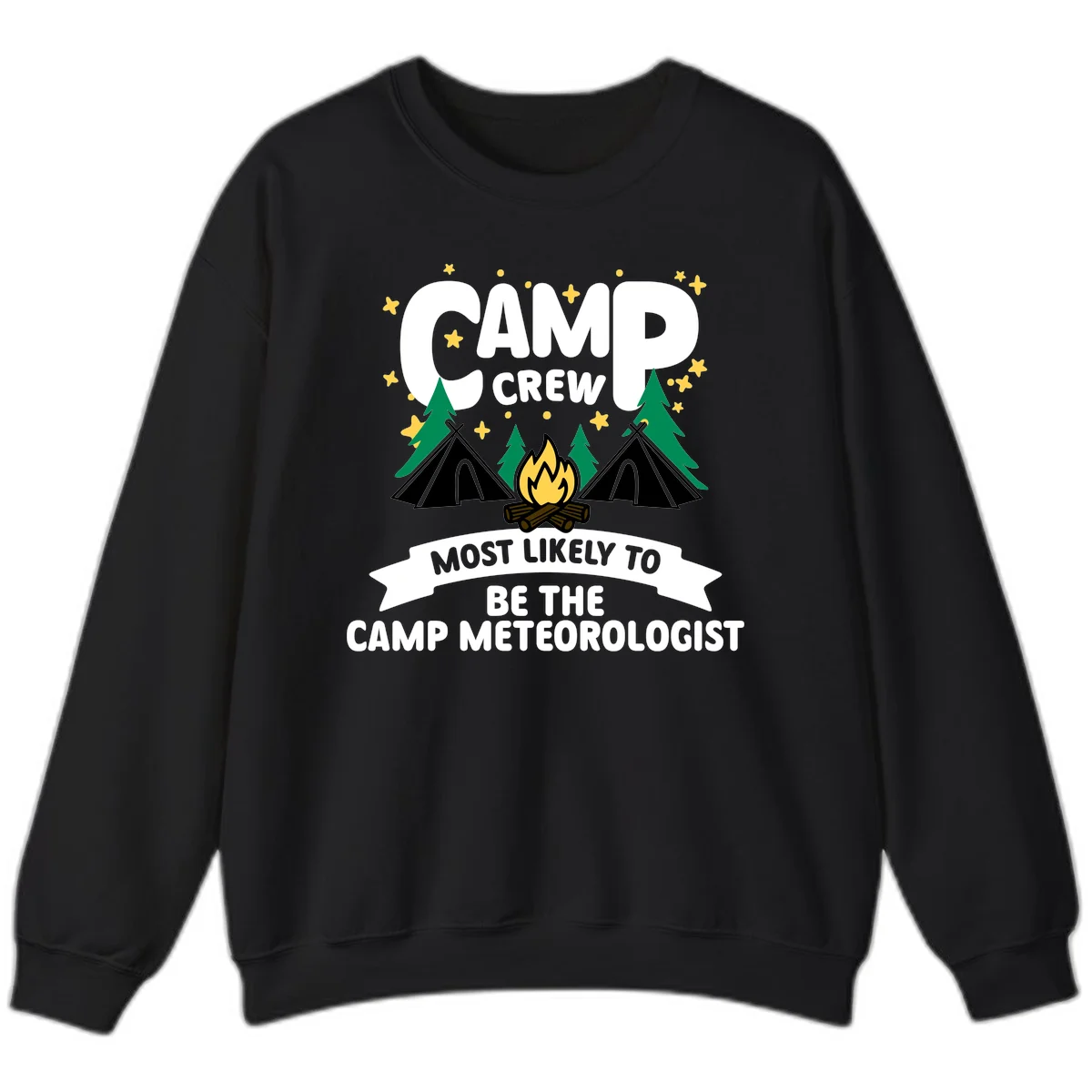 Camp crew superlatives design with campfire, tents, trees and stars, text reads 'Most Likely To Be The Camp Meteorologist' in Black
