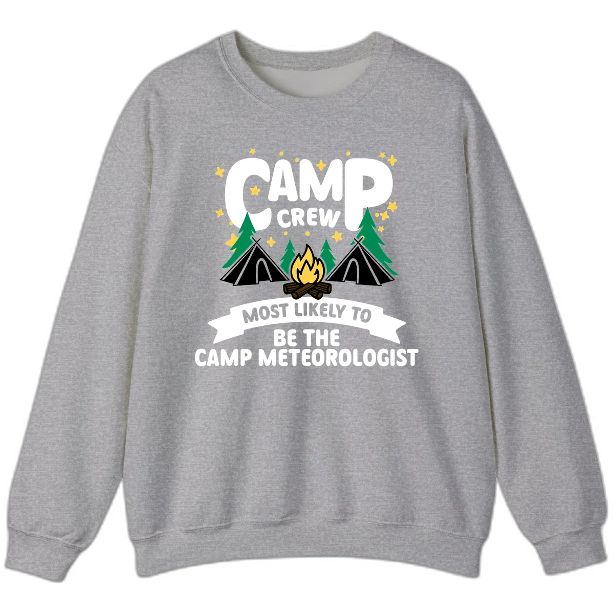 Camp crew superlatives design with campfire, tents, trees and stars, text reads 'Most Likely To Be The Camp Meteorologist' in Sport Grey