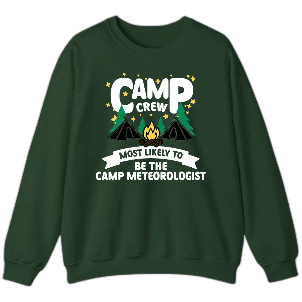 Camp crew superlatives design with campfire, tents, trees and stars, text reads 'Most Likely To Be The Camp Meteorologist' in Forest Green