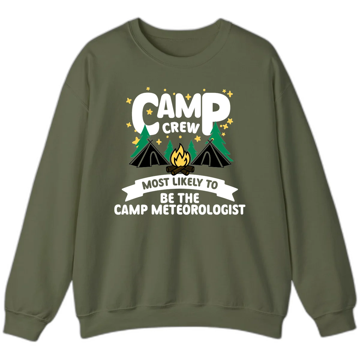 Camp crew superlatives design with campfire, tents, trees and stars, text reads 'Most Likely To Be The Camp Meteorologist' in Military Green
