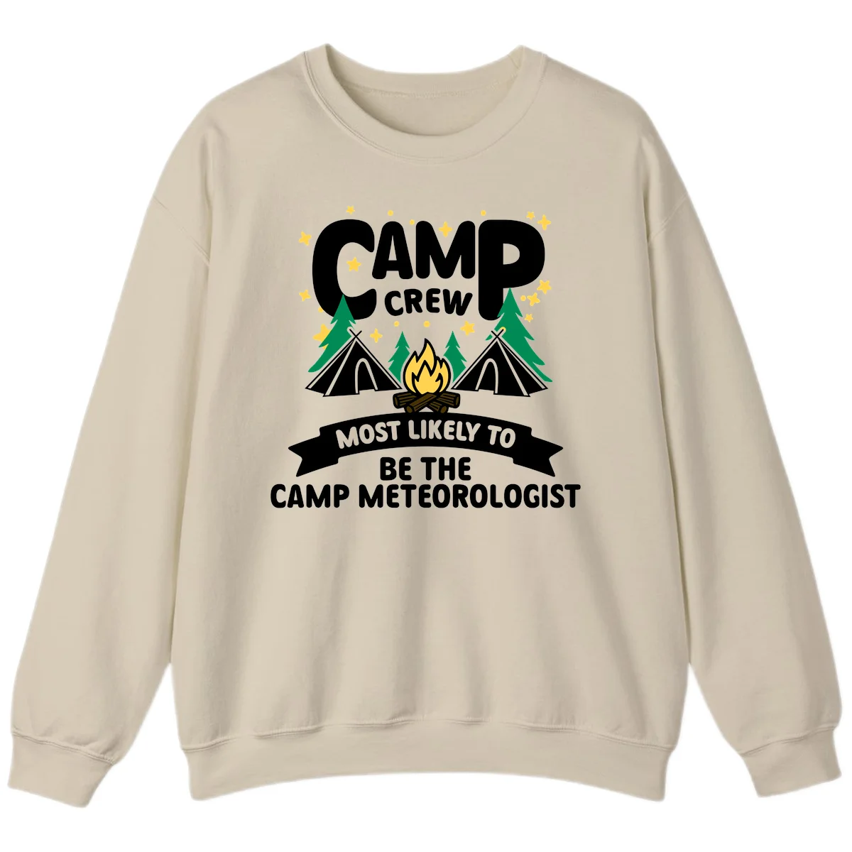 Camp crew superlatives design with campfire, tents, trees and stars, text reads 'Most Likely To Be The Camp Meteorologist' in Sand