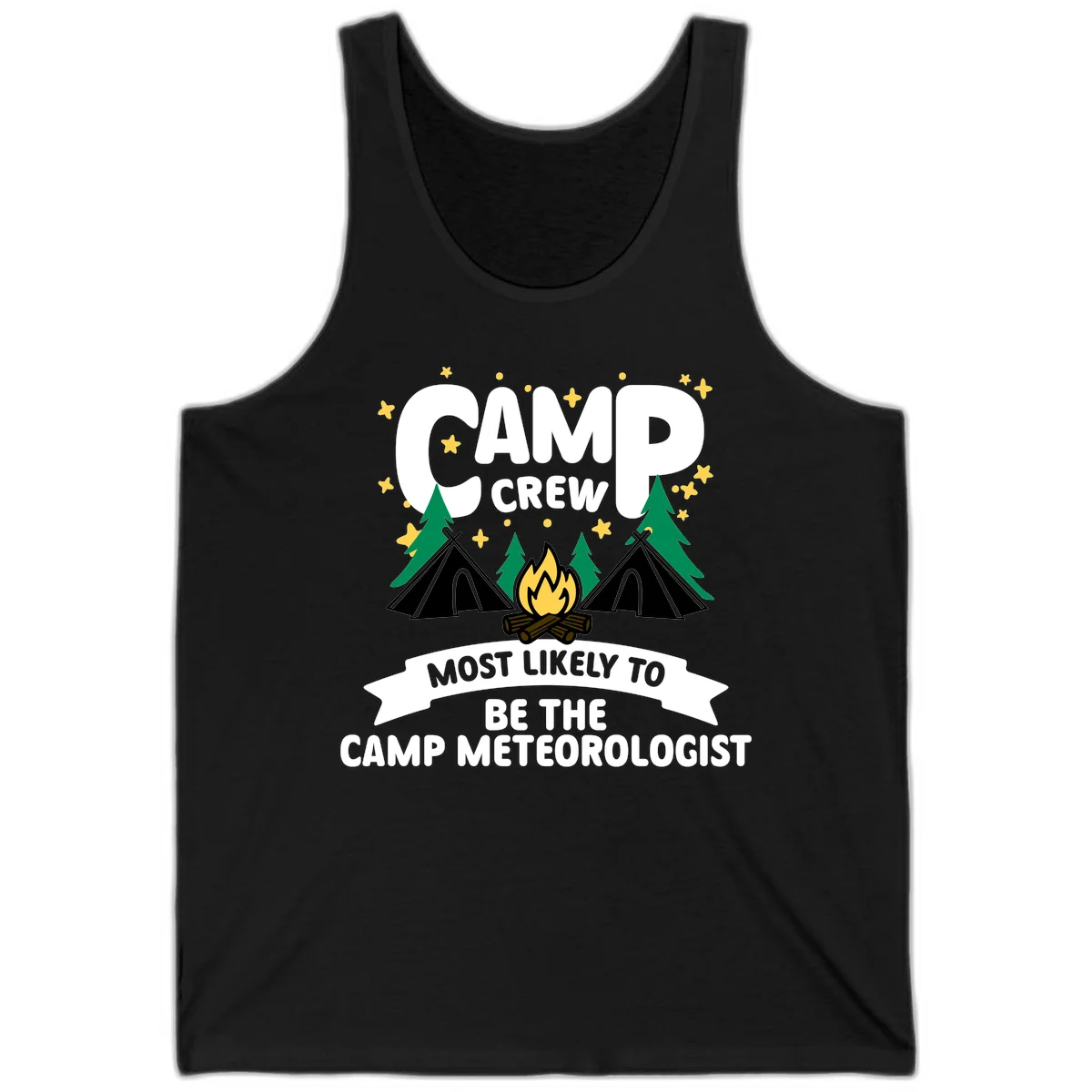 Camp crew superlatives design with campfire, tents, trees and stars, text reads 'Most Likely To Be The Camp Meteorologist' in Black