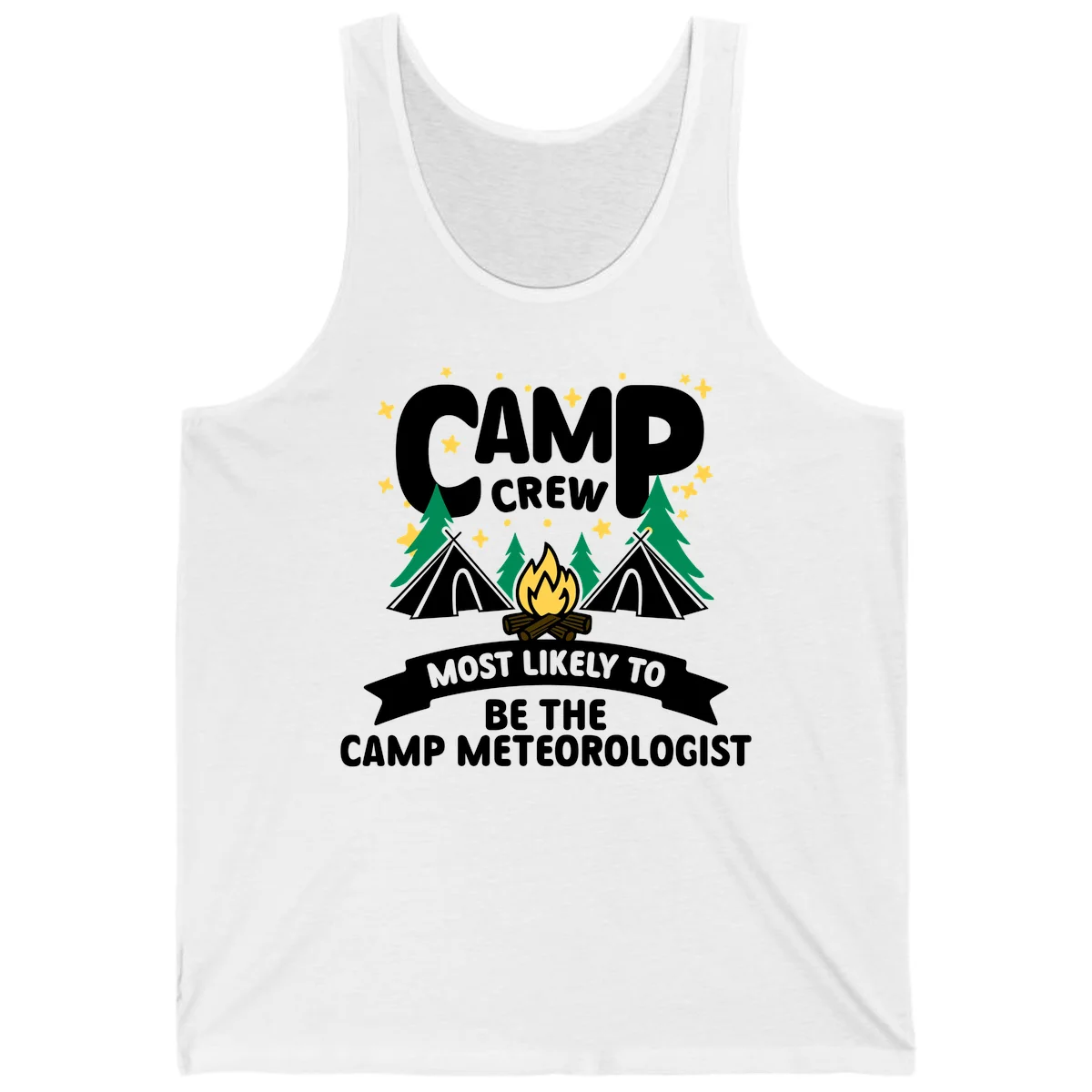 Camp crew superlatives design with campfire, tents, trees and stars, text reads 'Most Likely To Be The Camp Meteorologist' in White