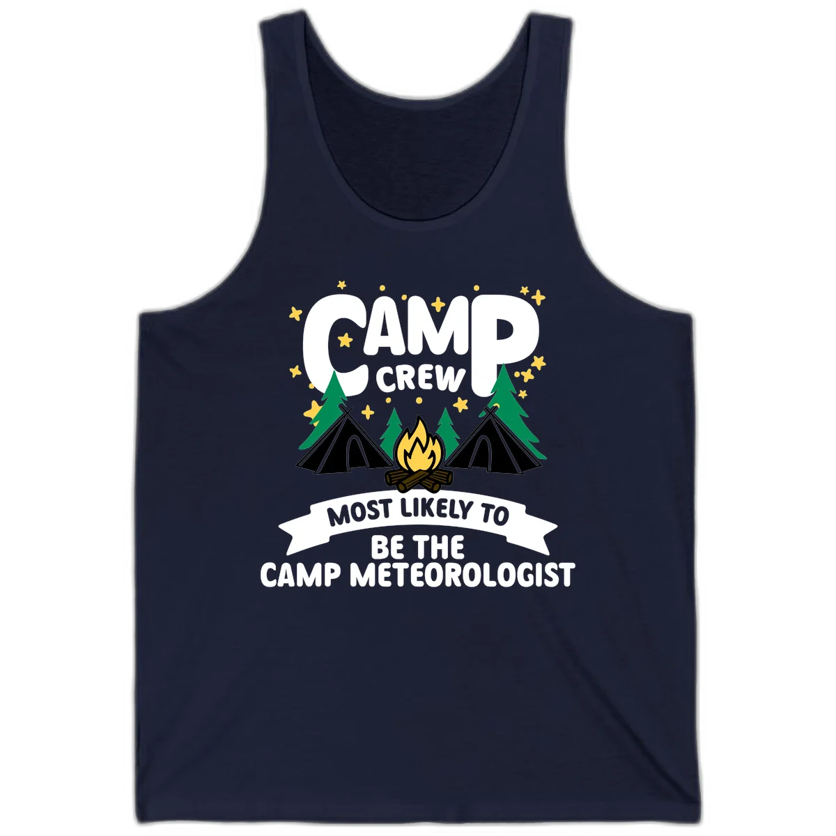Camp crew superlatives design with campfire, tents, trees and stars, text reads 'Most Likely To Be The Camp Meteorologist' in Navy