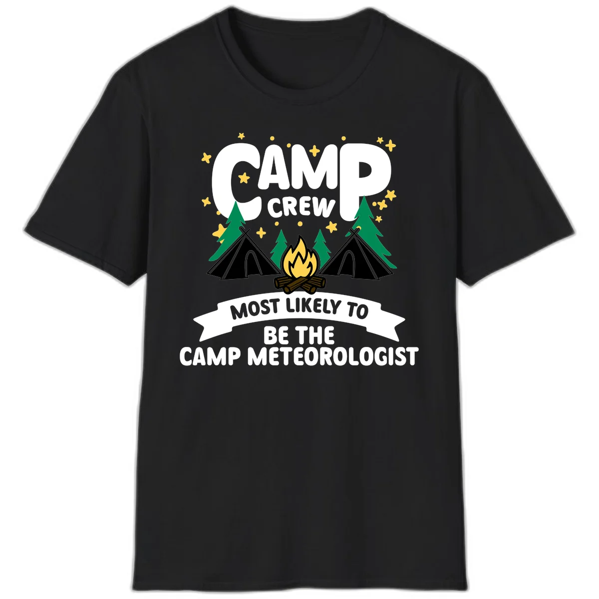 Camp crew superlatives design with campfire, tents, trees and stars, text reads 'Most Likely To Be The Camp Meteorologist' in Black