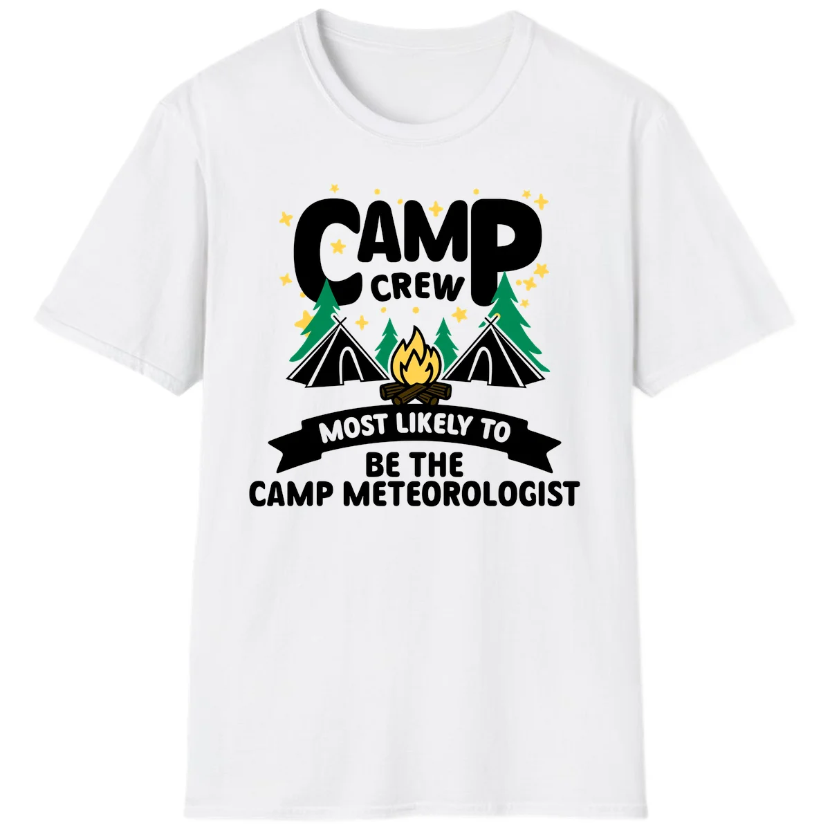 Camp crew superlatives design with campfire, tents, trees and stars, text reads 'Most Likely To Be The Camp Meteorologist' in White