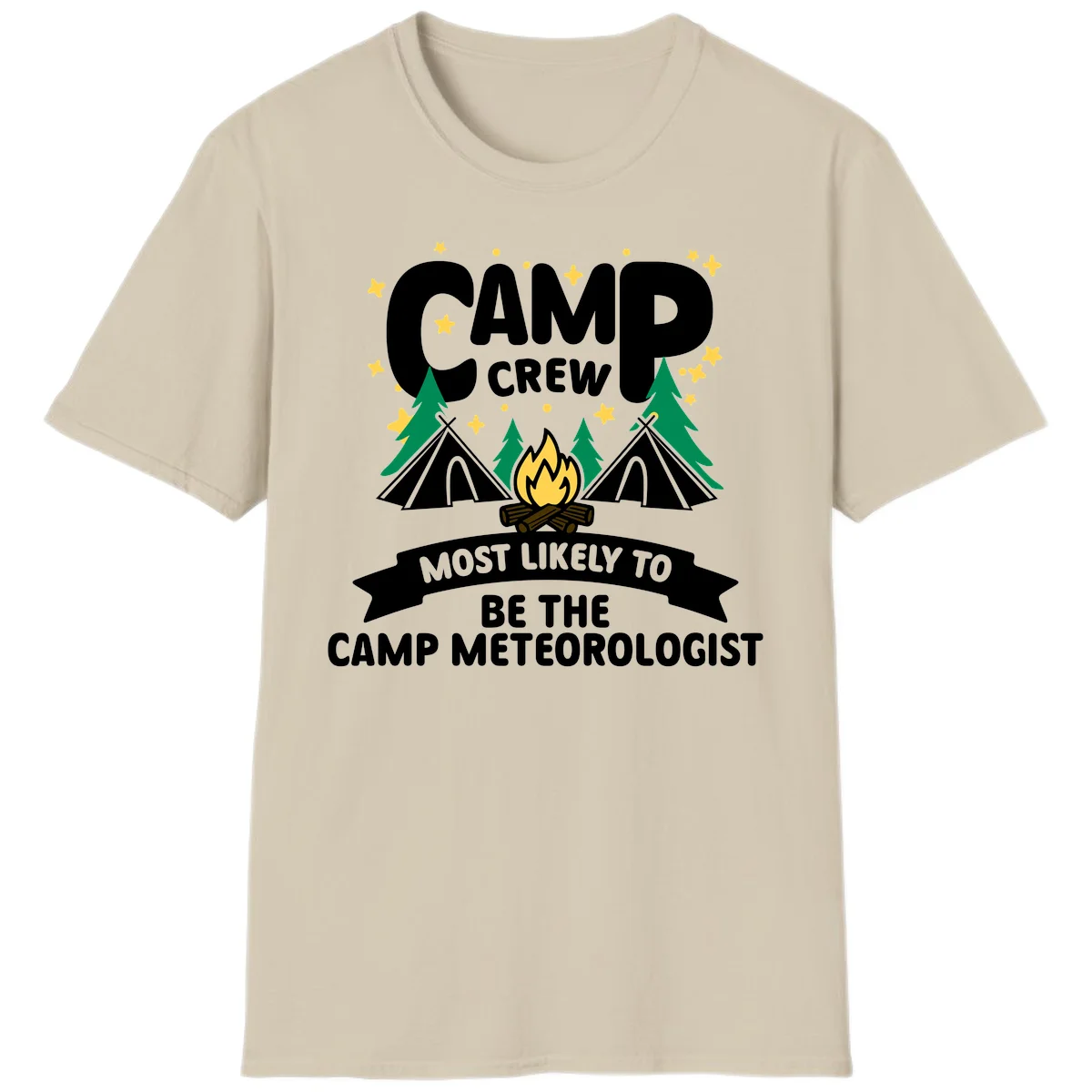 Camp crew superlatives design with campfire, tents, trees and stars, text reads 'Most Likely To Be The Camp Meteorologist' in Sand