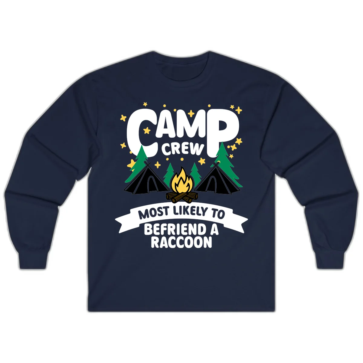 Camp crew raccoon design: campfire with teepees and trees, text reads 'Most Likely To Befriend A Raccoon' in Navy