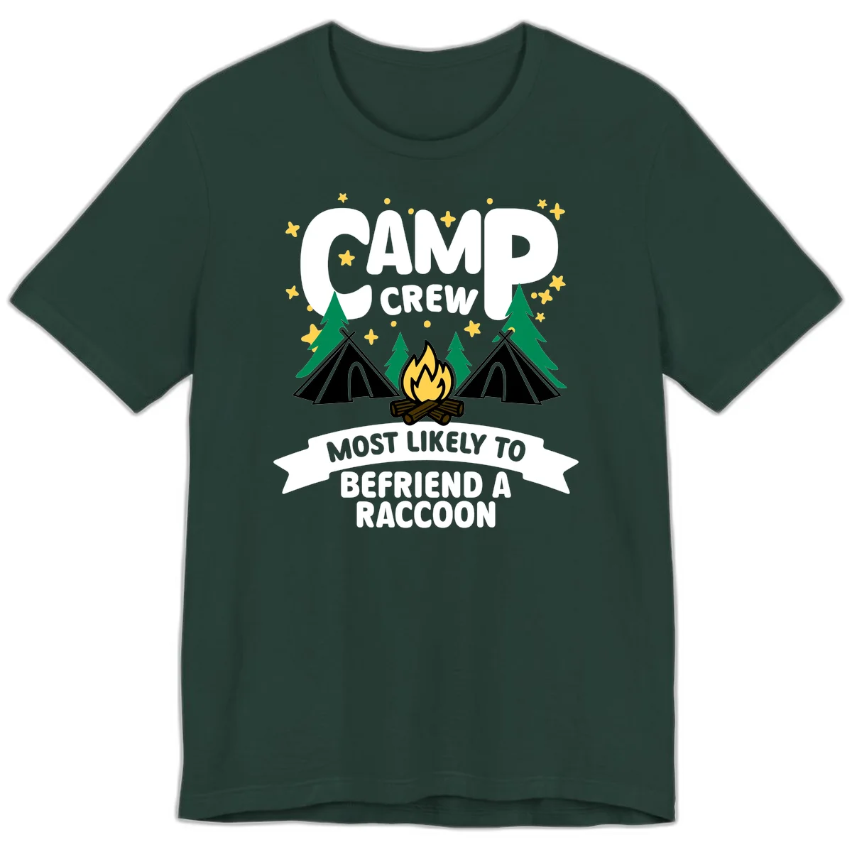 Camp crew raccoon design: campfire with teepees and trees, text reads 'Most Likely To Befriend A Raccoon' in Forest