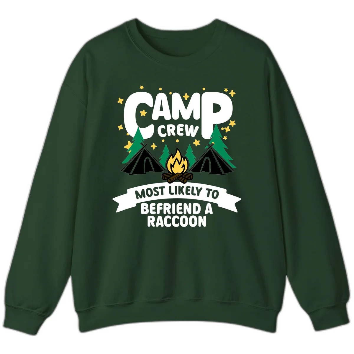 Camp crew raccoon design: campfire with teepees and trees, text reads 'Most Likely To Befriend A Raccoon' in Forest Green