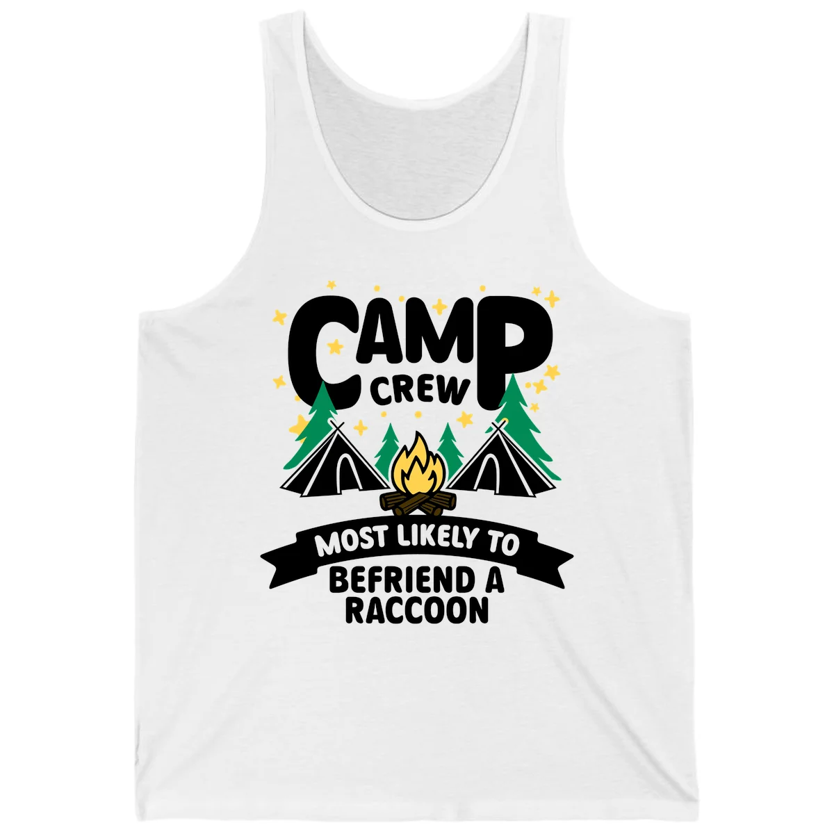 Camp crew raccoon design: campfire with teepees and trees, text reads 'Most Likely To Befriend A Raccoon' in White