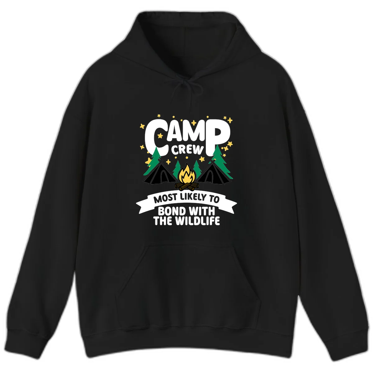 Camp crew wildlife bond design with campfire, teepees, trees, and stars on gray background in Black