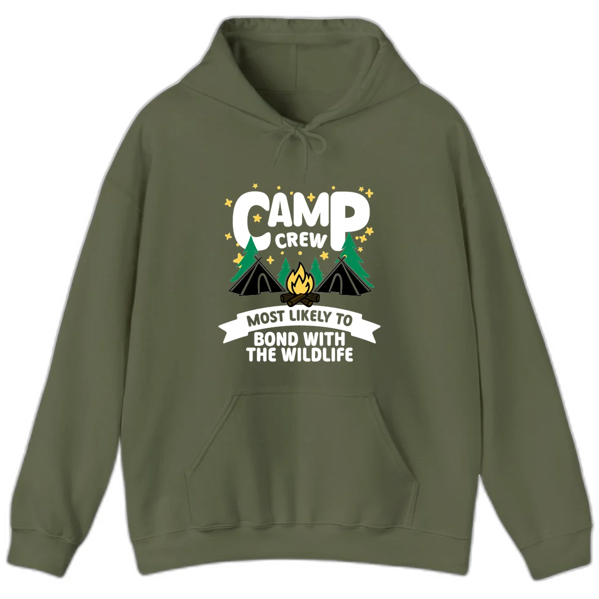 Camp crew wildlife bond design with campfire, teepees, trees, and stars on gray background in Military Green