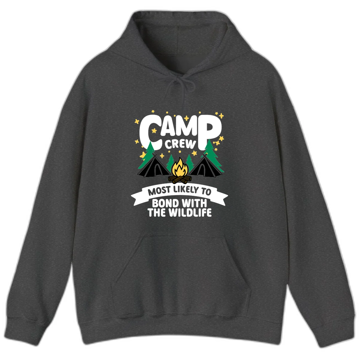 Camp crew wildlife bond design with campfire, teepees, trees, and stars on gray background in Dark Heather