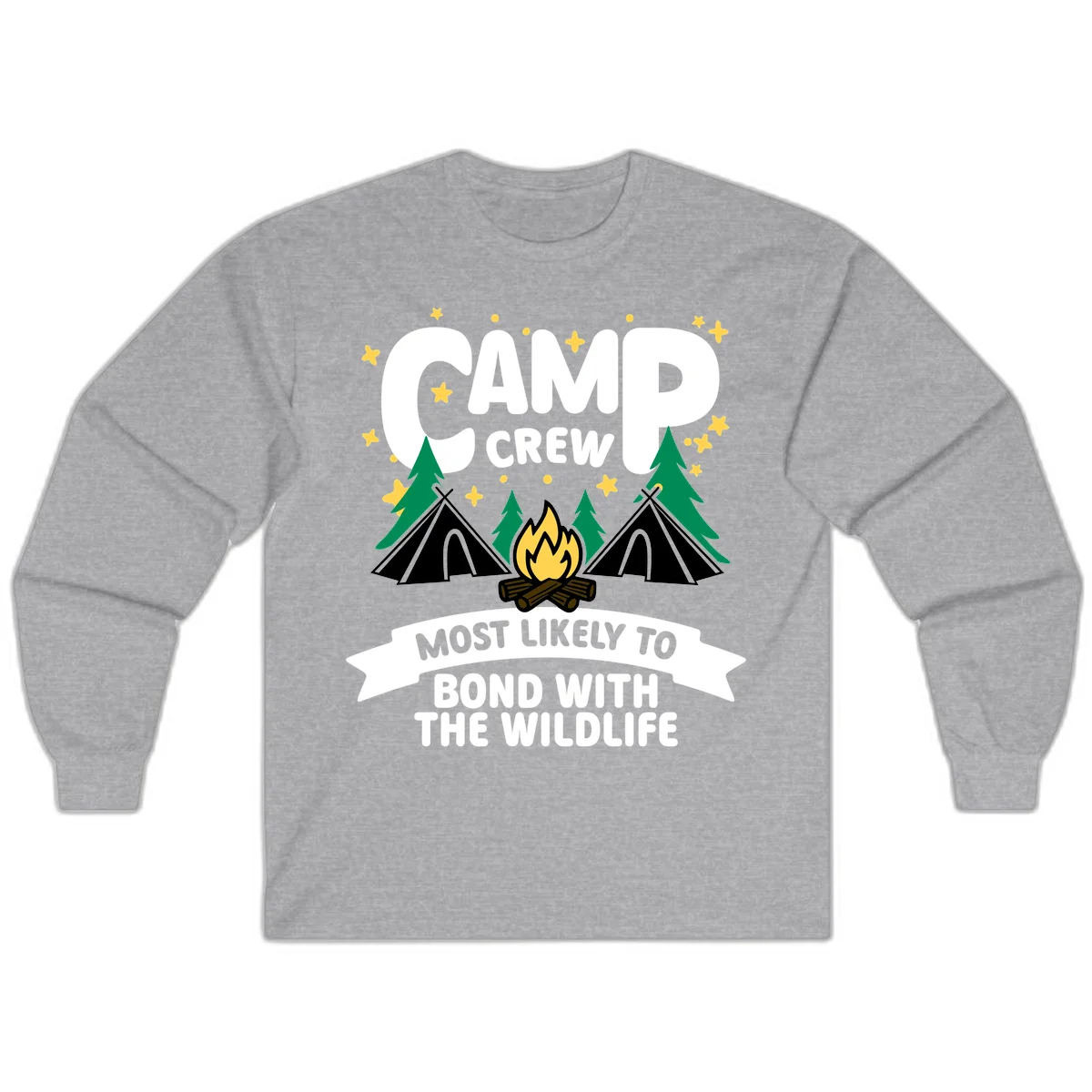 Camp crew wildlife bond design with campfire, teepees, trees, and stars on gray background in Sport Grey