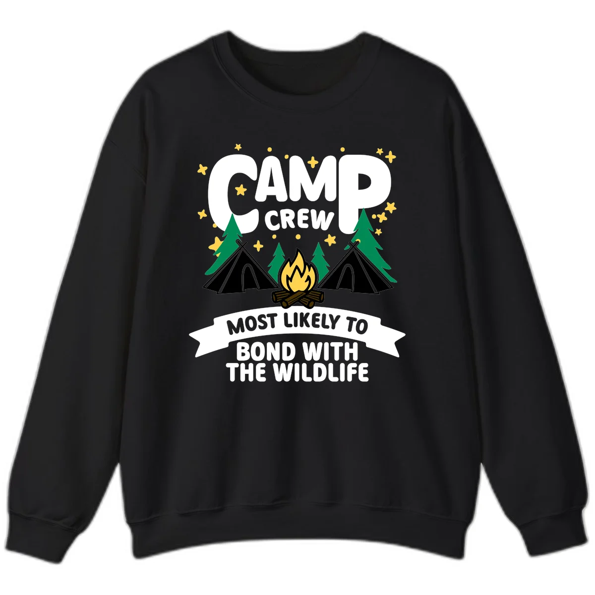 Camp crew wildlife bond design with campfire, teepees, trees, and stars on gray background in Black
