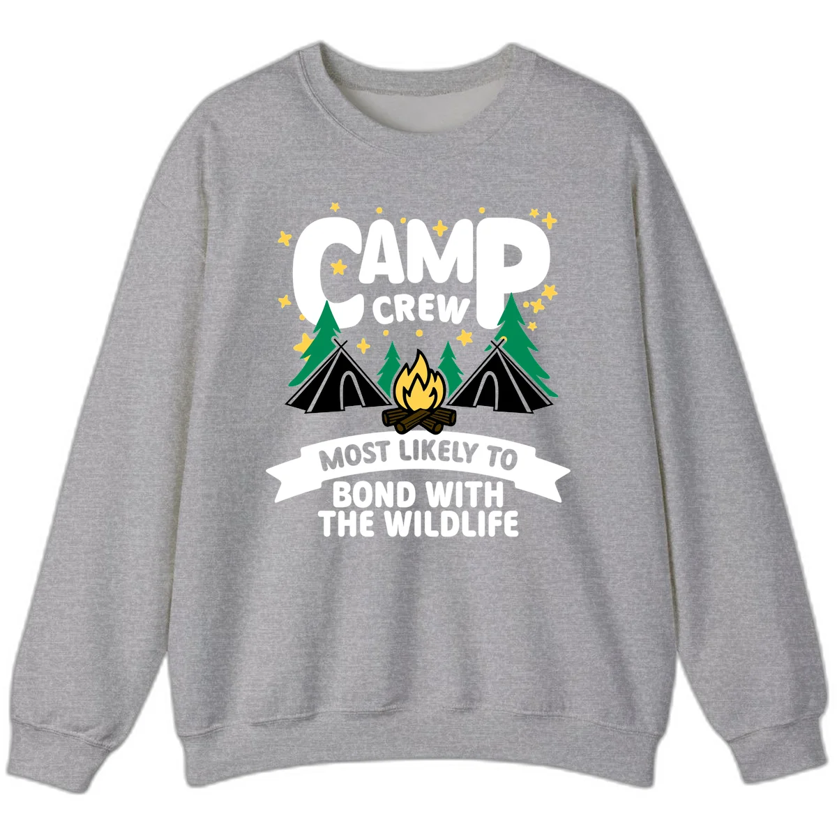 Camp crew wildlife bond design with campfire, teepees, trees, and stars on gray background in Sport Grey
