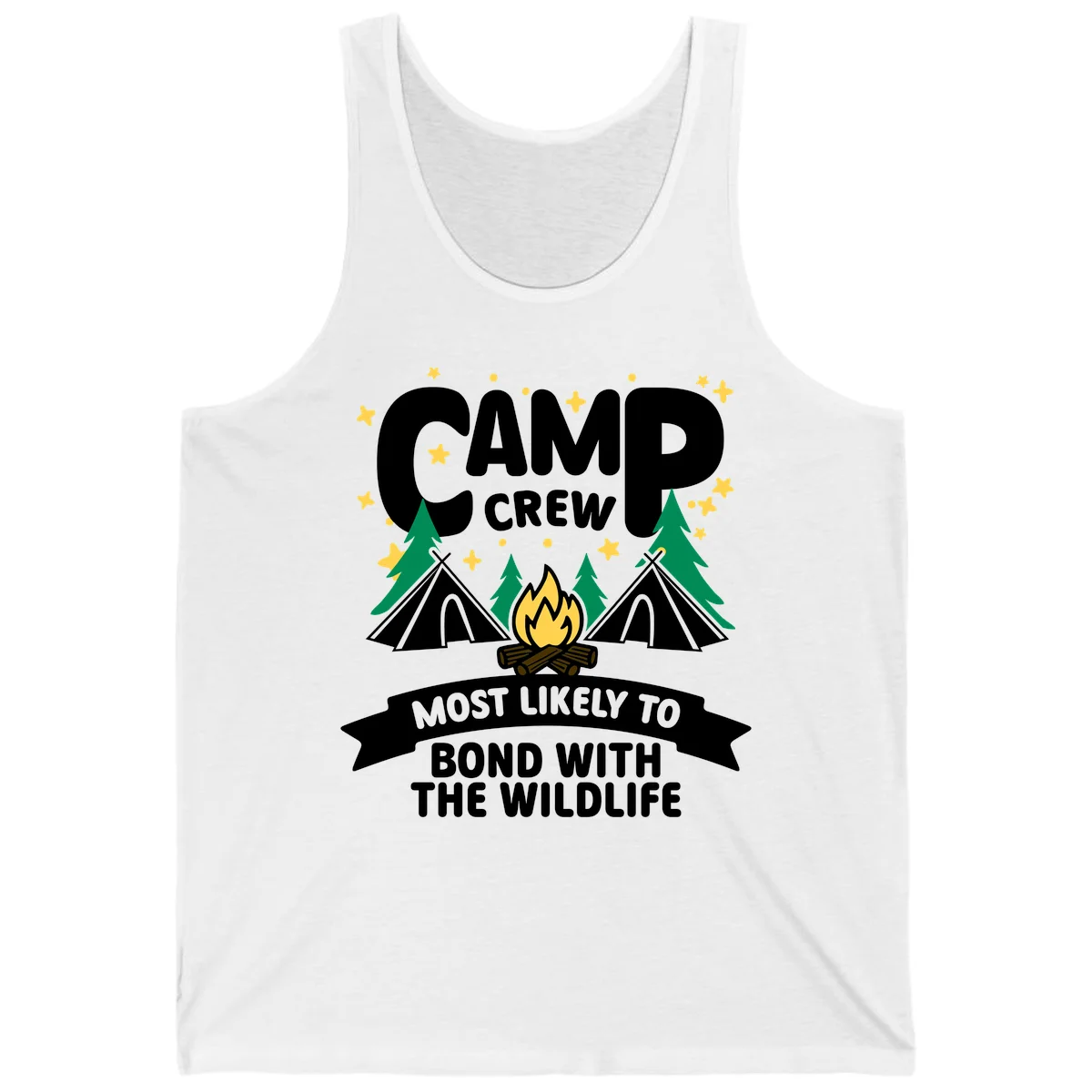Camp crew wildlife bond design with campfire, teepees, trees, and stars on gray background in White