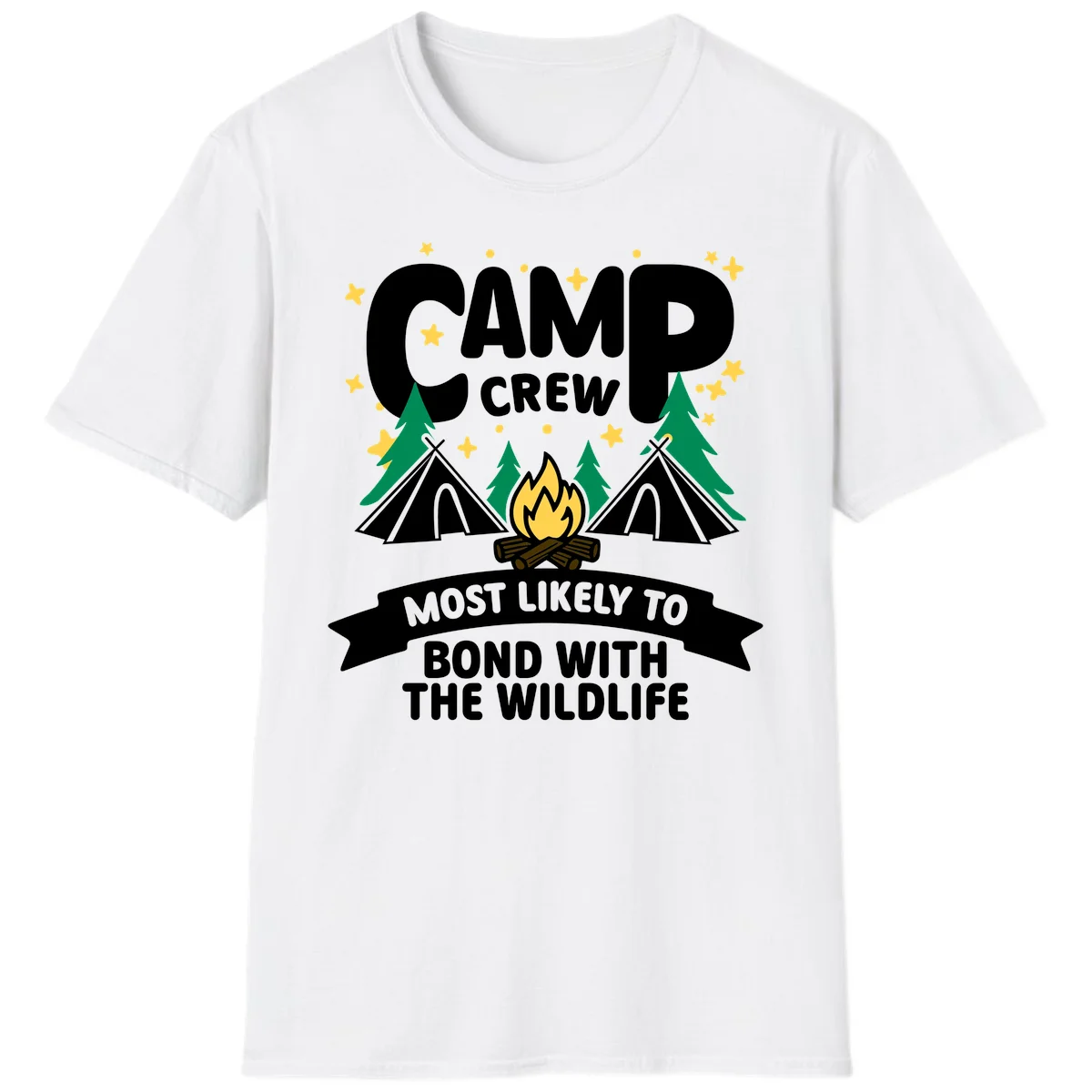 Camp crew wildlife bond design with campfire, teepees, trees, and stars on gray background in White